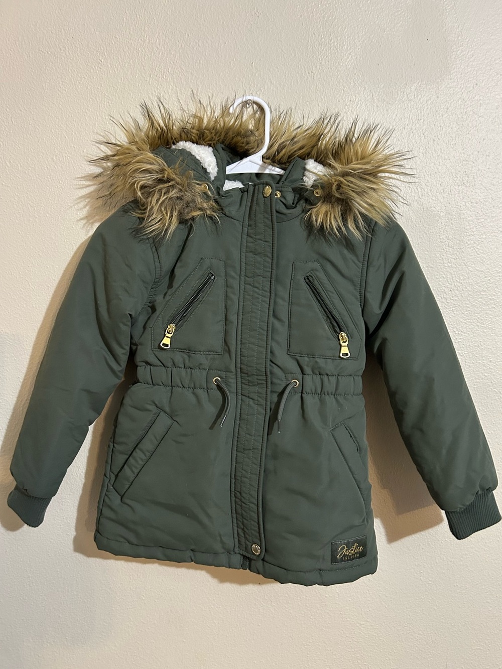 Justice Girls' Olive Green Winter Parka Coat Faux Fur Hood Size 5/6